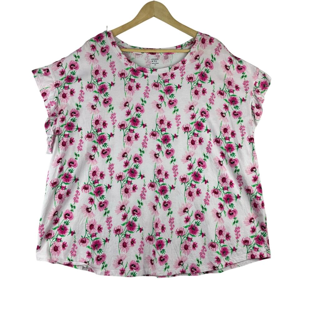 Crown & Ivy Short Ruffle Sleeve Blouse Women’s 4X Pink Floral Botanical Feminine